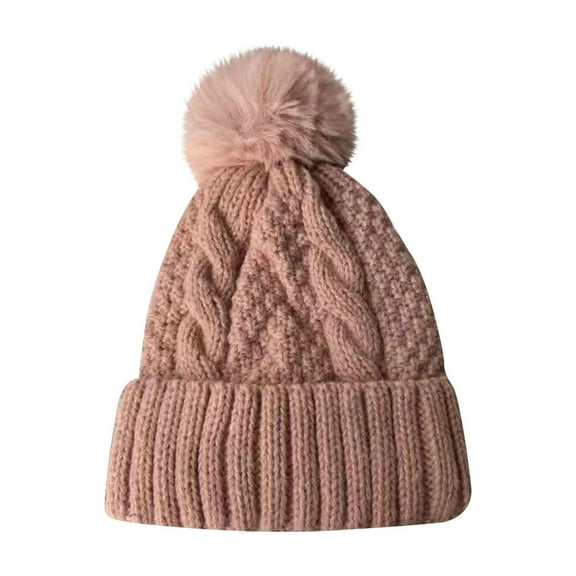 Mikilon Women Plus Velvet ‌Kintted Hats Winter Solid Color Pom-Pom Thicken Warm Hats Outdoor Puffball Thermal Hats