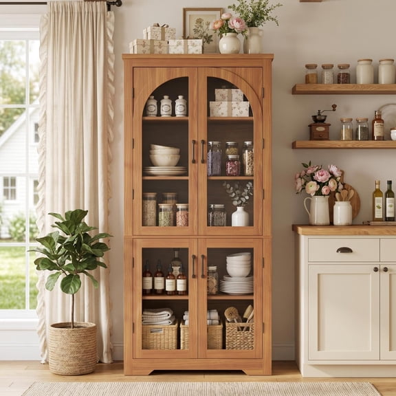 Panapinka 70" Tall Kitchen Pantry Cabinet with Arched Glass Doors & Adjustable Shelves, Wooden Display Bookcase Organizer for Dining Room, Living Room, Office