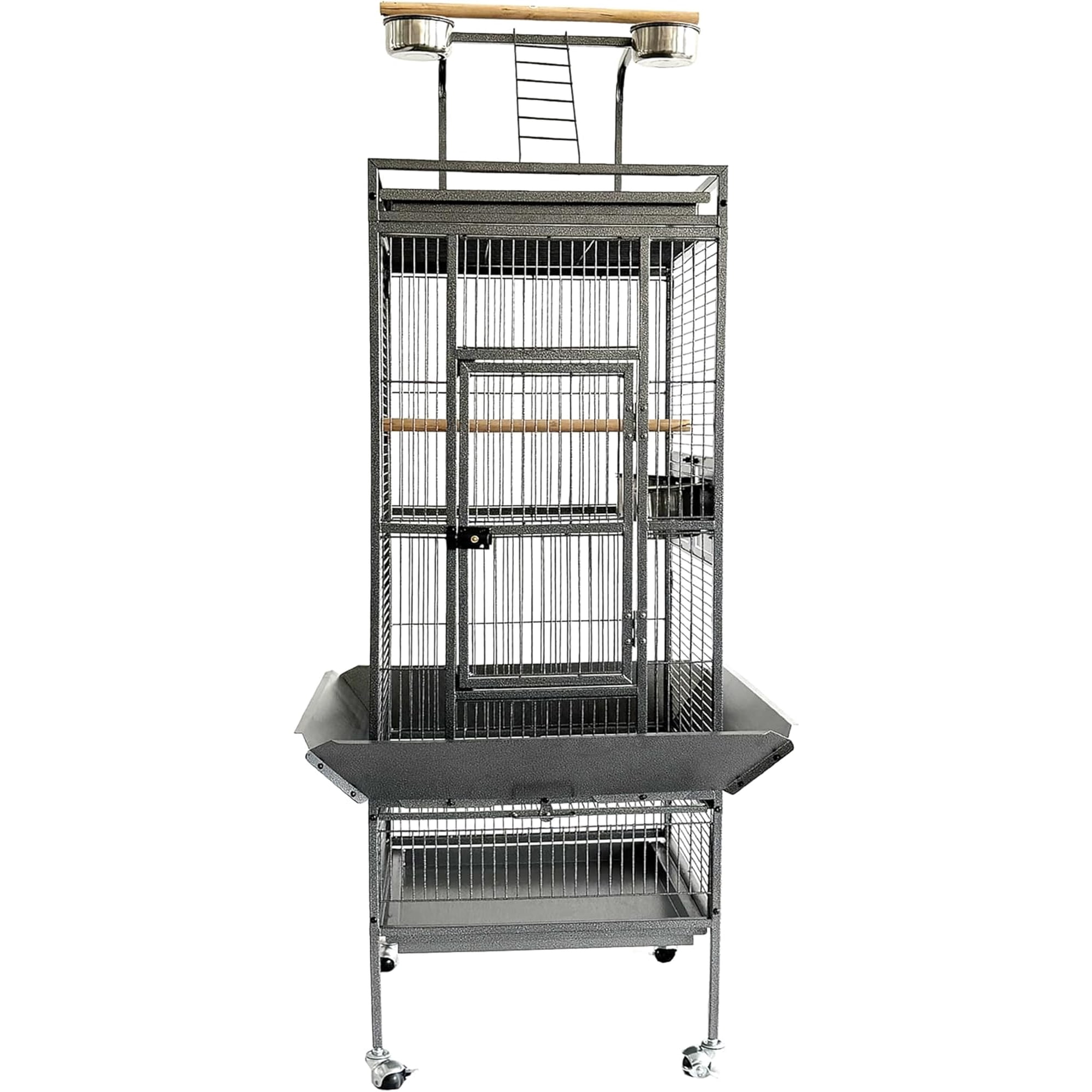 61" Metal Bird Cage with Play Top, Heavy Duty Flight Cage for Parrots, Rolling Stand & Bowls Included