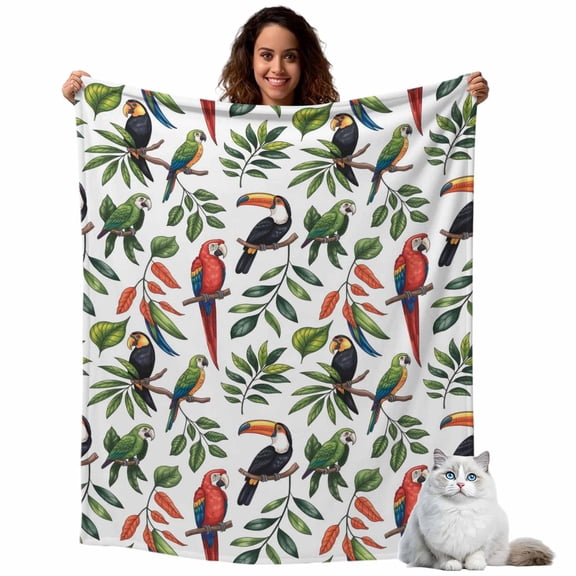 Cartoon Red Green Black Parrots Throw Blanket Flannel Fleece Throws, Green Leaves Lightweight Super Soft Warm Blankets for Couch Sofa Bed All Season Use, 40x50 in