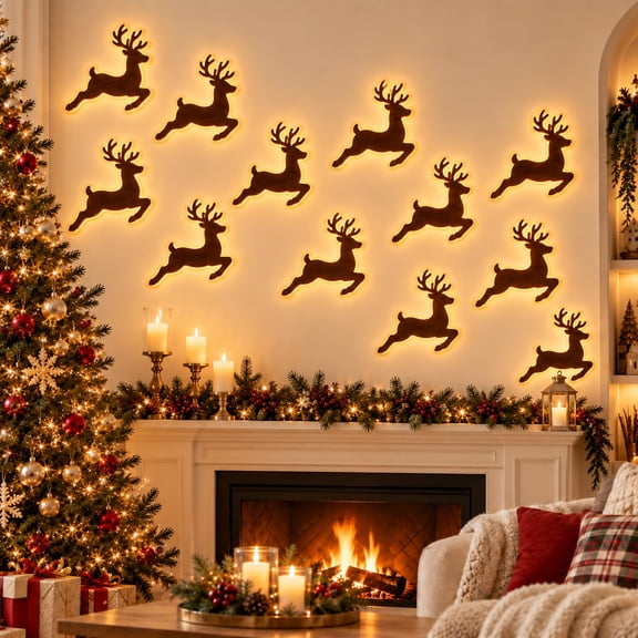 3D Light-Up Wooden Reindeer Christmas Decor, Warm Backlit Peel & Stick Entryway Glow, Handmade Real Wood LED Reindeer Christmas Wall Decor, for Living Room, Bedroom