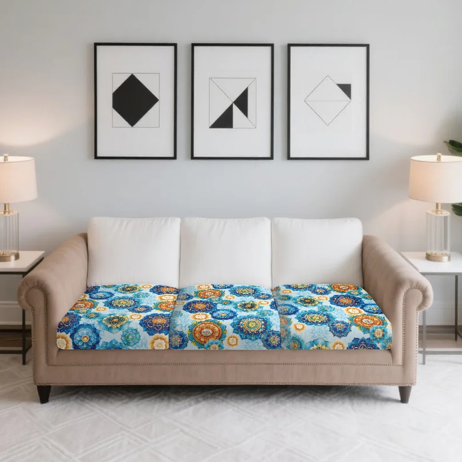 Xoenoiee Boho Mandala Flower Print 3-Piece Couch Cushion Covers, Stretch Sofa Seat Slipcovers with Non-Slip Elastic Bottom, Washable Furniture Protector for Living Room Outdoor Patio