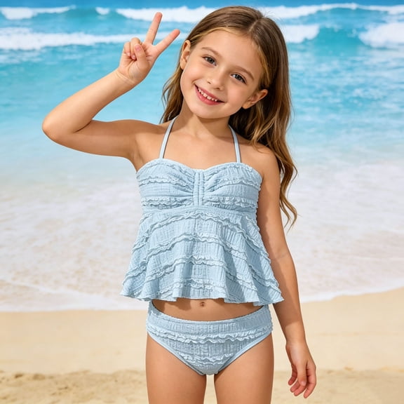 Girls Swimsuits Size 10-12 Ruffled Styles Striped Little Girls' Swimwear Soft 2 Piece Bathing Suit Strap Swimwear Swimsuits for