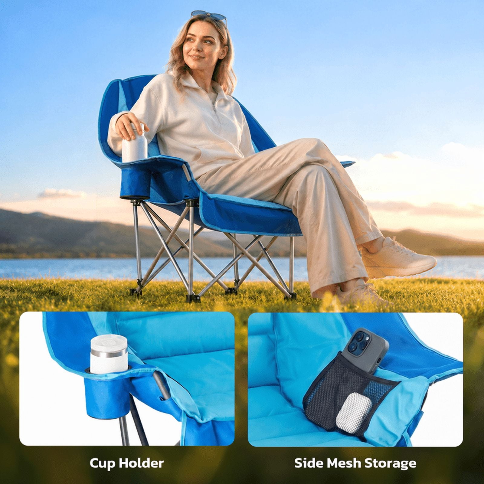 Simple Deluxe Extra Oversized Outdoor Foldable Camping Chair, with Cup Holder and Carrying Bag, Camping Chair with 500lbs Capacity and Sturdy Material, Suitable for Beaches, Hiking and Camping, Blue