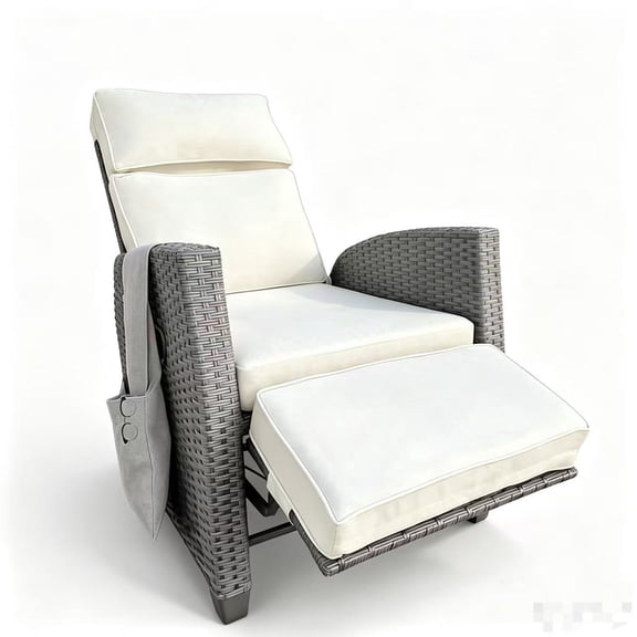 Outdoor PE Wicker Recliner Chair with Retractable Footrest, Adjustable Patio Lounge Chair with Removable Beige Cushions, All-Weather Rattan Armchair for Backyard, Balcony, Poolside