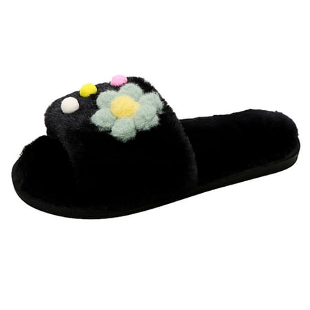 

new home gifts for home Women Toe Home Flat Slippers Shoes Open Keep Furry Slip On Warm Flowers Winter Women s Slipper Flock Black