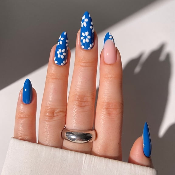 Blue Press on Nials White Flower Fake Nails Medium Almond False Nails with Design French Tip Glue on Nails Artificial Acrylic Nail full Cover Spring Floral Stick on Nails for Women Manicure 24Pcs