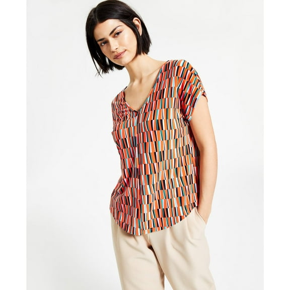 Bar III Womens Printed V-Neck Top Valencia Combo L