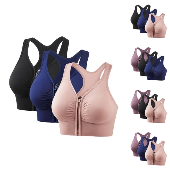 RongHuan 3 Pack Women's Sports Bra Plus Size Zip Front Underwear No Underwire Quick Dry Bralette Comfy Push Up Bras