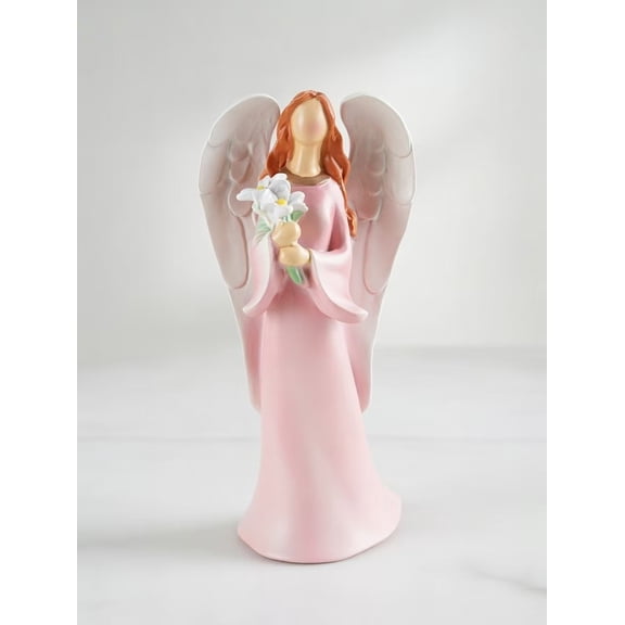 Angel Figurine 8.5 Inch Pink Resin Statue with Flowers - Guardian Angel Home Decor, Memorial Gift for Women Girls, Decorative Collectible Ornament for Shelf Table Desk