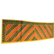 Mogul Indian Table Runner Orange Green Sequin Embroidered Wall Hanging