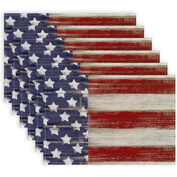 SDOTXA 4th of July Memorial Day Placemats 12x18 Inches Set of 6 Star American Flag Holiday Farmhouse Stripe Burlap Indoor Patriotic Independence Table Mats Decor for Home Party AP257-6 P
