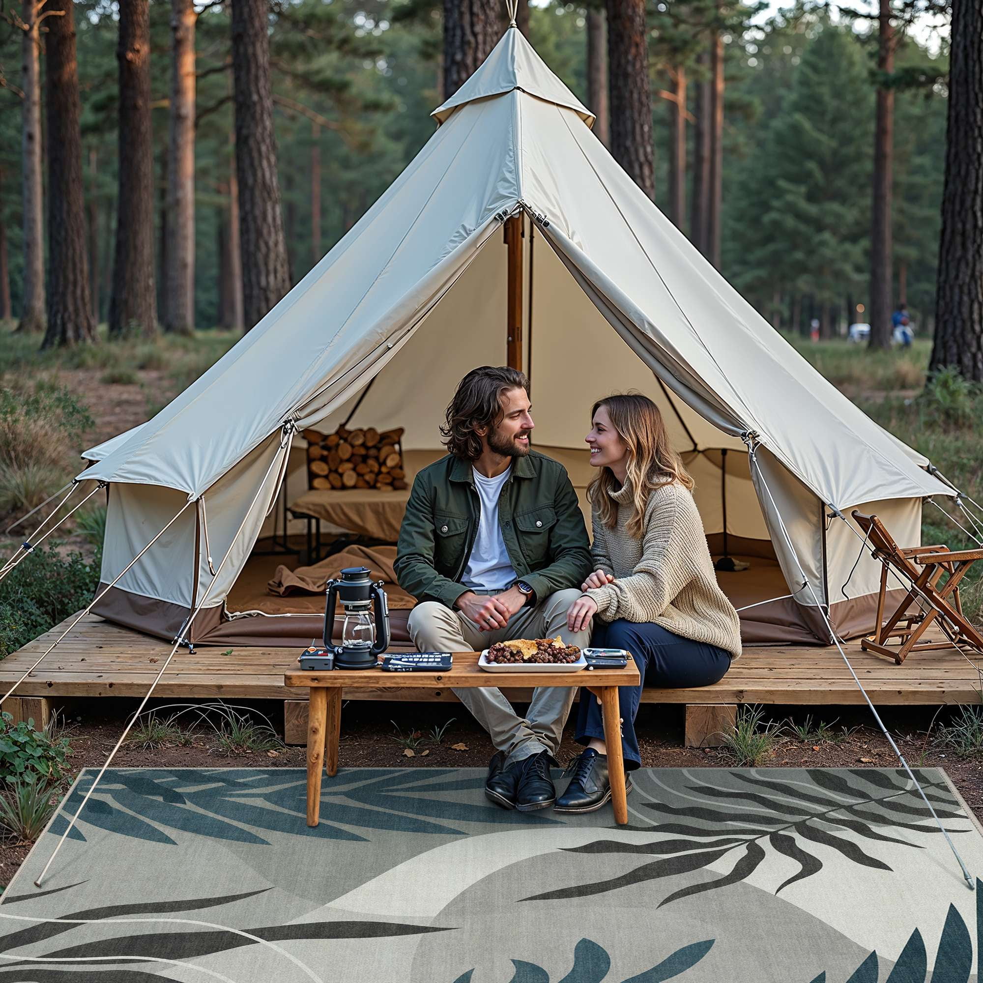 DEORAB Outdoor Rug 5'X8' Chenille Patio Carpet Three-Layer Material Imitation Silicone Spot Molding Camping Outside RV Mat,Blue&Grey