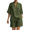 thumbnail image 2 of Cagogo Women Plus Size 2 Piece Set V Neck 3/4 Sleeve Shirt Shorts Casual Solid Loose Travel Outfits Lounge Tracksuits Summer Cruise Clothes Matching Lounge Sets, Green XL, 2 of 8