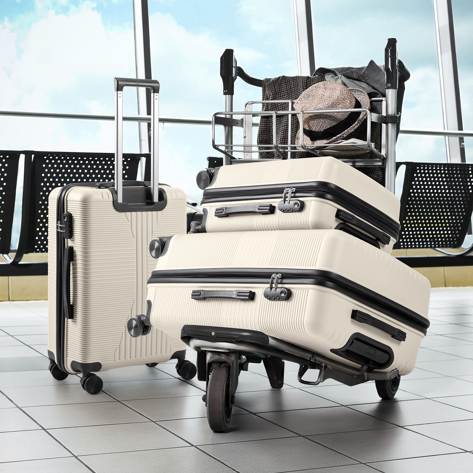 PP Trolley Case, 20in 24in 28in 3PCS Suitcase Set, Off White