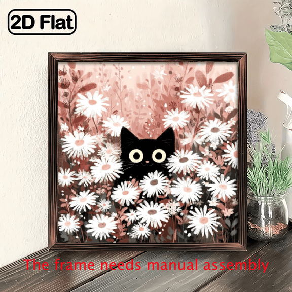 2D Flat 1Pc WoodFrame Sign Black Cat Daisy Field Square Wall Art Paintings Ideal Gift For Living Room Bedroom Corridor Wall Decor Room Decoration Ready to Hang 8x8inch
