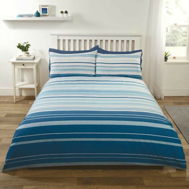 Juego de edredón - Juego de cama individual de algodón y poliéster con diseño de rayas azules