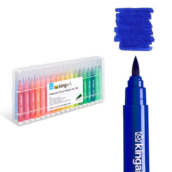 KINGART 405-36 Marcadores de ilustración de acuarela con punta de pincel con estuche Barril ancho de 36 colores para una fácil sujeción Tinta no tóxica a base de agua Punta suave y flexible para bocet