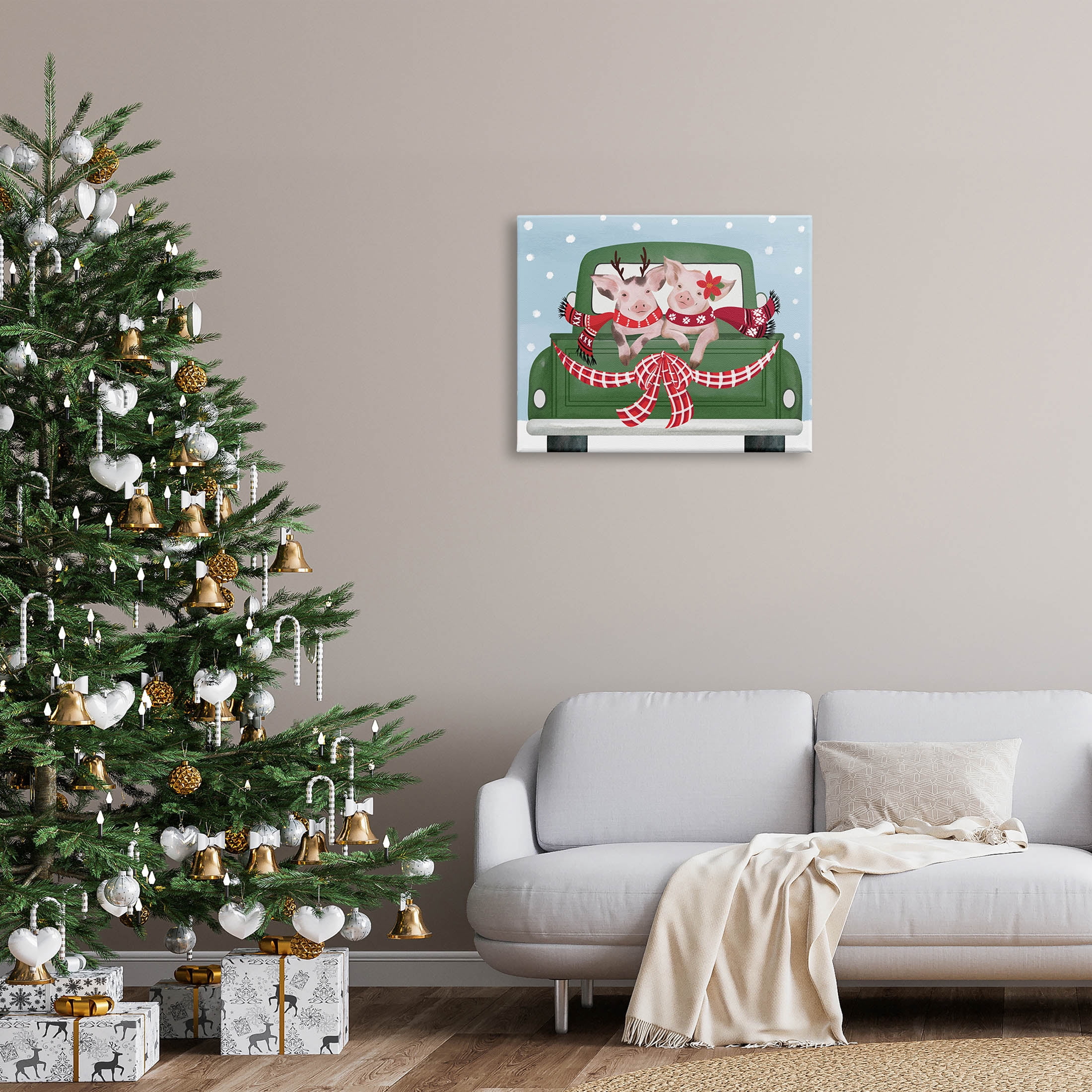 Farmhouse Pigs Green Holiday Truck Holiday Graphic Art Gallery Wrapped Canvas Print Wall Art