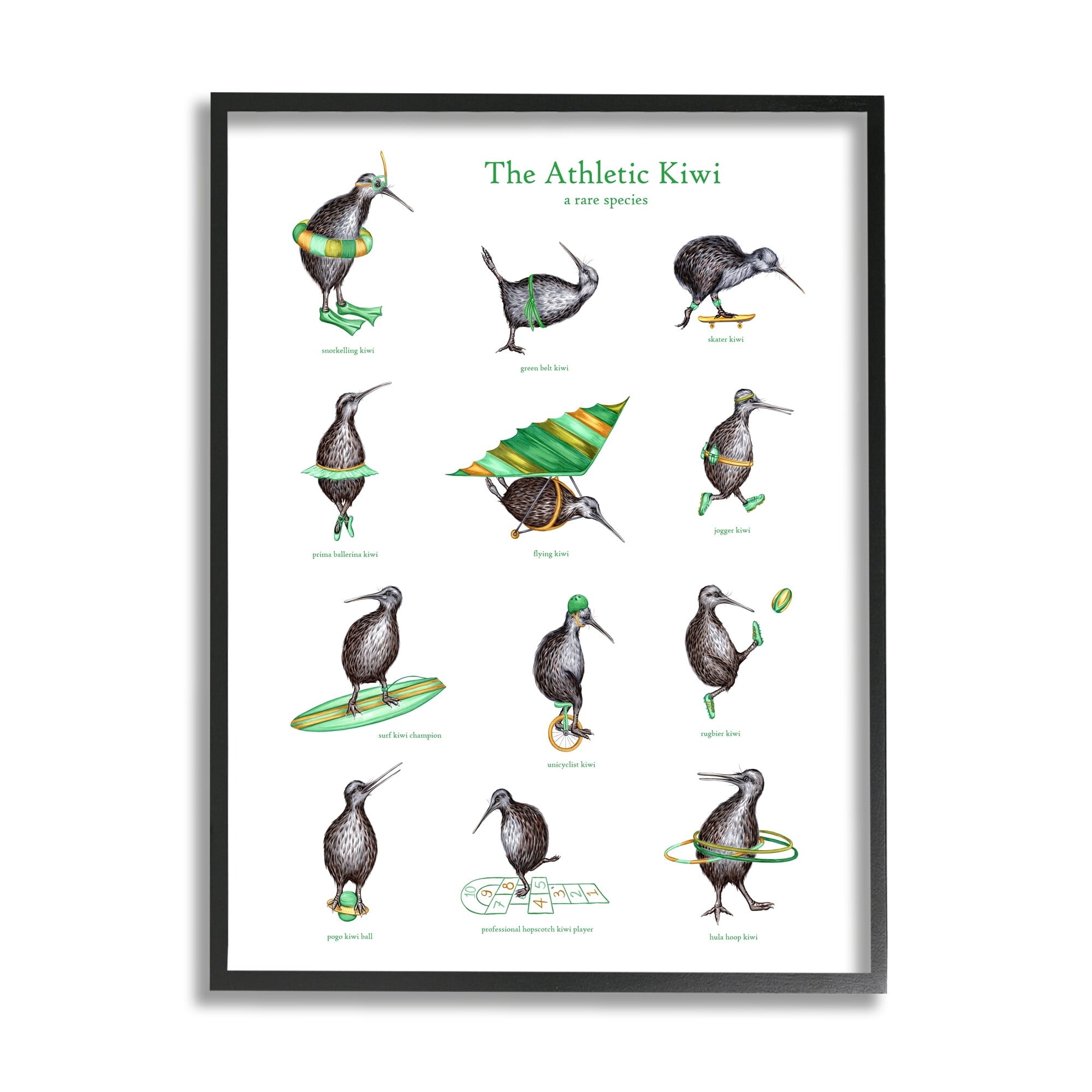 Stupell Industries Athletic Kiwi Various Exercises Bird Drawings Chart Graphic Art Black Framed Art Print Wall Art, Design by Amelie Legault