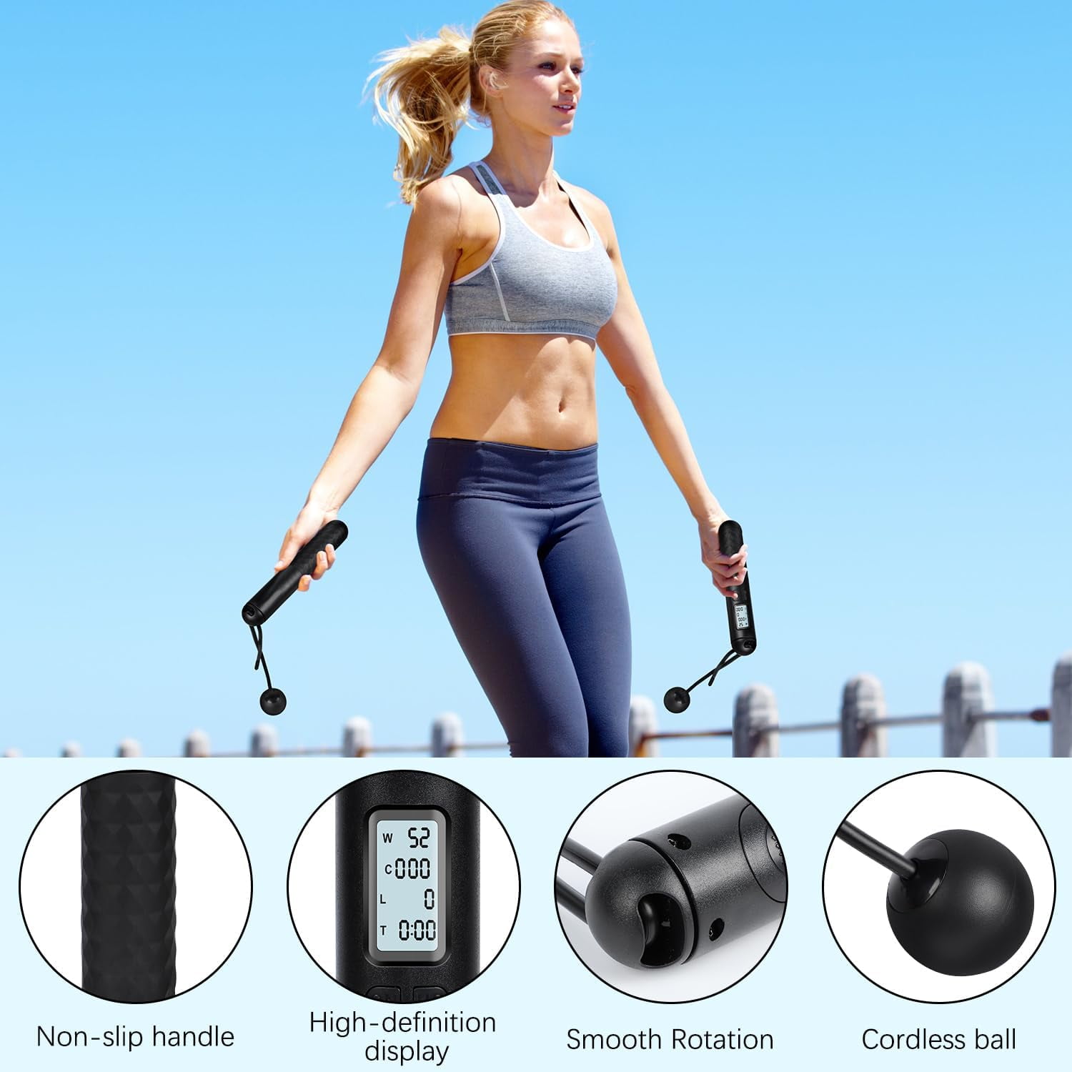 Digital Counting Jump Rope with Counter Includes 6 Breathable Sweat Wristbands for Men Women Fitness