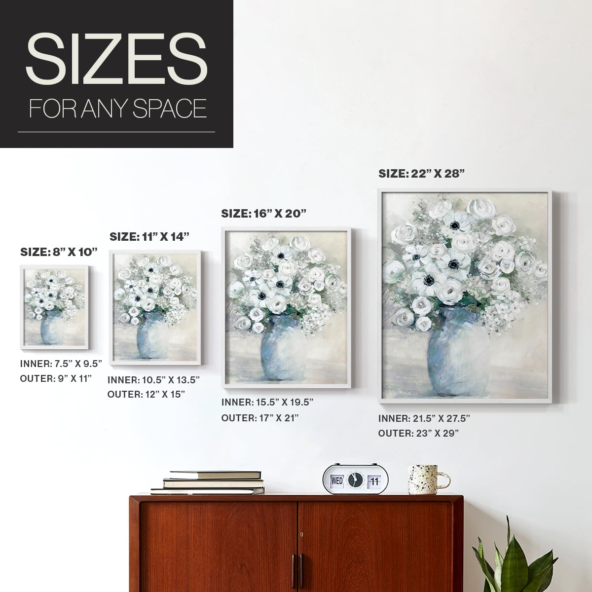 White Anemone Bouquet Framed Print in White Solid Wood 11 x 14 Framed Print