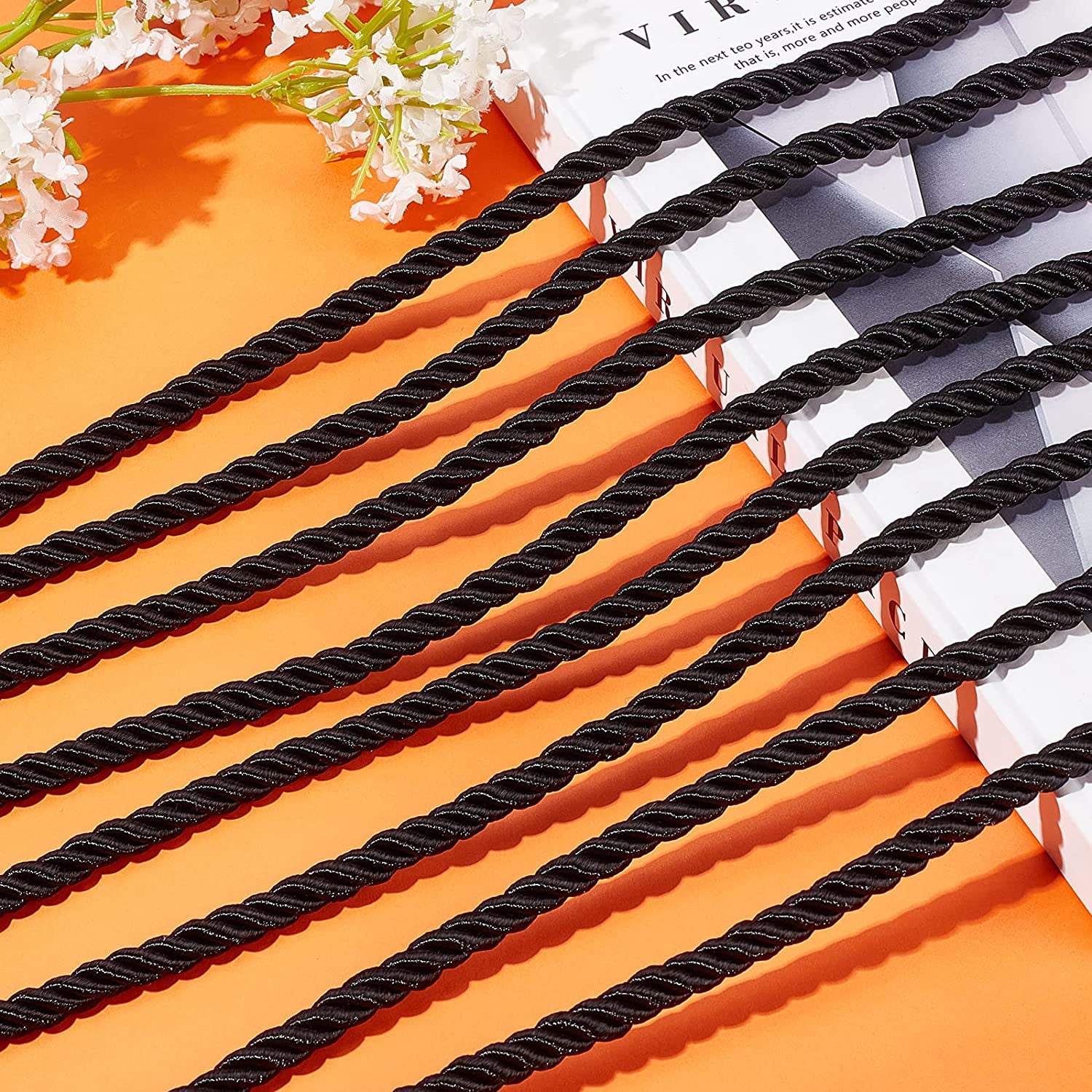 8mm Twisted Cord Black Decorative Rope 3 Cord Trim Twisted Silk