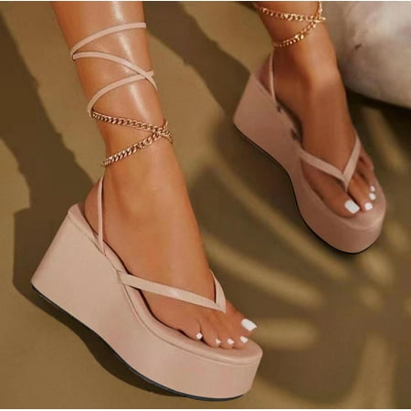 

Summer Savings Clearance! Zpanxa Womens Casual Shoes Wedge Thong Swap Strap Sandals Womens Metal Chain Sandals Khaki 42