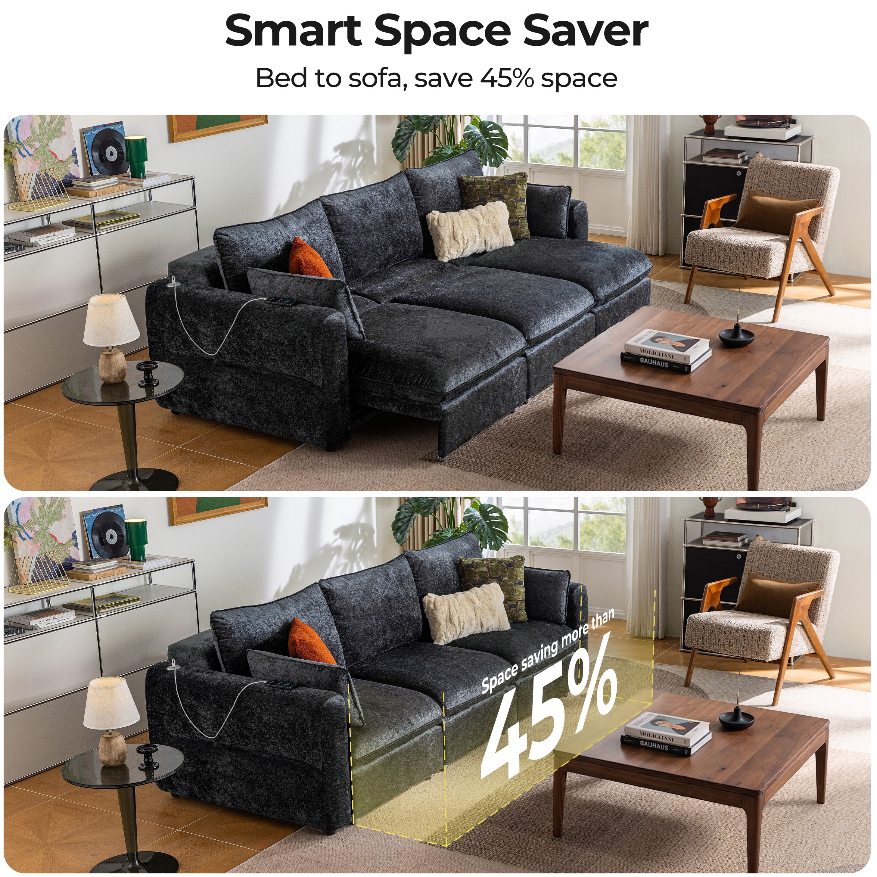 CHIC HOUSE 104" Electric Extendable Sofa Bed with Triple Motor, Convertible Smart Power Reclining Sleeper Sofa Deep Seat 3-Seat Couch with Solid Wood Frame in Velvet, Black