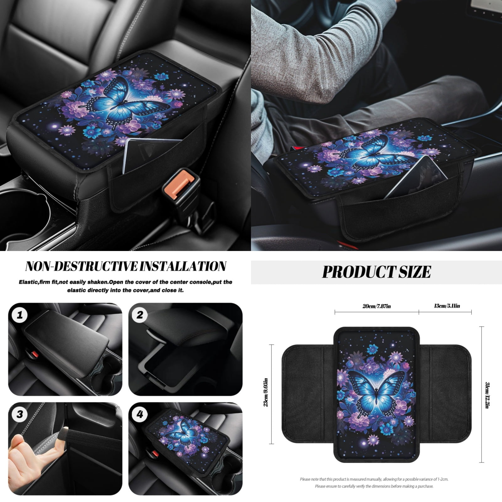 Renewold Butterfly Flower 14 Pack Car Accessories, Universal Auto Seat Protector Steering Wheel Seatbelt Strap Pad Trash Can Armrest Pad Cup Holders Rearview Mirror Handbrake Cover Set, Blue Purple