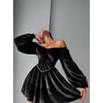 thumbnail image 6 of Women's Sweetheart Neck Velvet Mini Dress Lace Up Bubble Long Sleeve Off Shoulder Slim Evening Party Dress, 6 of 8