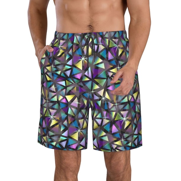 Balery Purple-Gold Triangles Traje de Baño Estilo Hawaiano para Hombre, Shorts de Secado Rápido con Bolsillos-Large