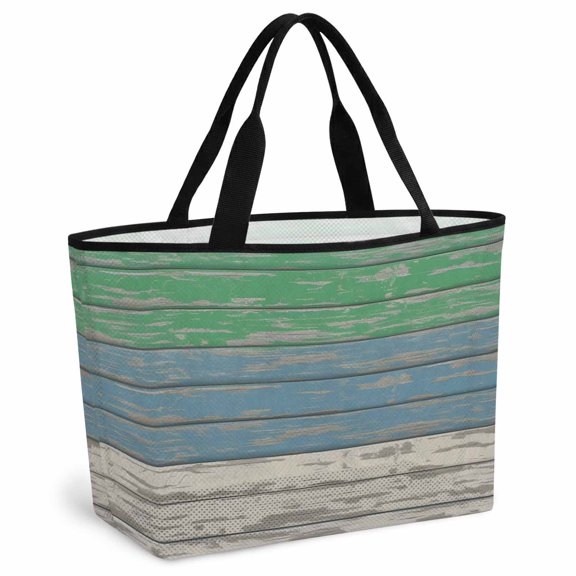 Green Blue Wood Beach Bag for Women, Large Breathable Mesh Beach Tote Bag, Farmhouse Mottled Wooden Plank Vintage Sandproof Lightweight Travel Bags for Vacation Picnic Swimming Pool 15.7"x15.7"x9.1"