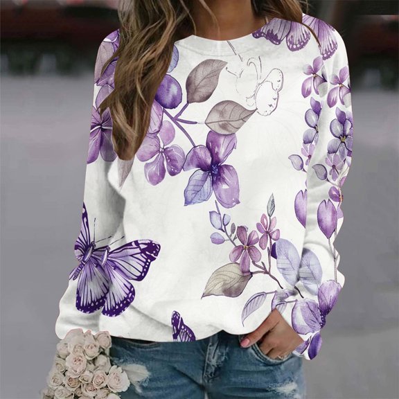CLOISE Women Sweatshirt Floral Print Oversized Sweatshirts Crewneck Long Sleeve Hoodies Shirts Multicolor Raglan Basic Blouses Fall Loose Y2k Clothes XL