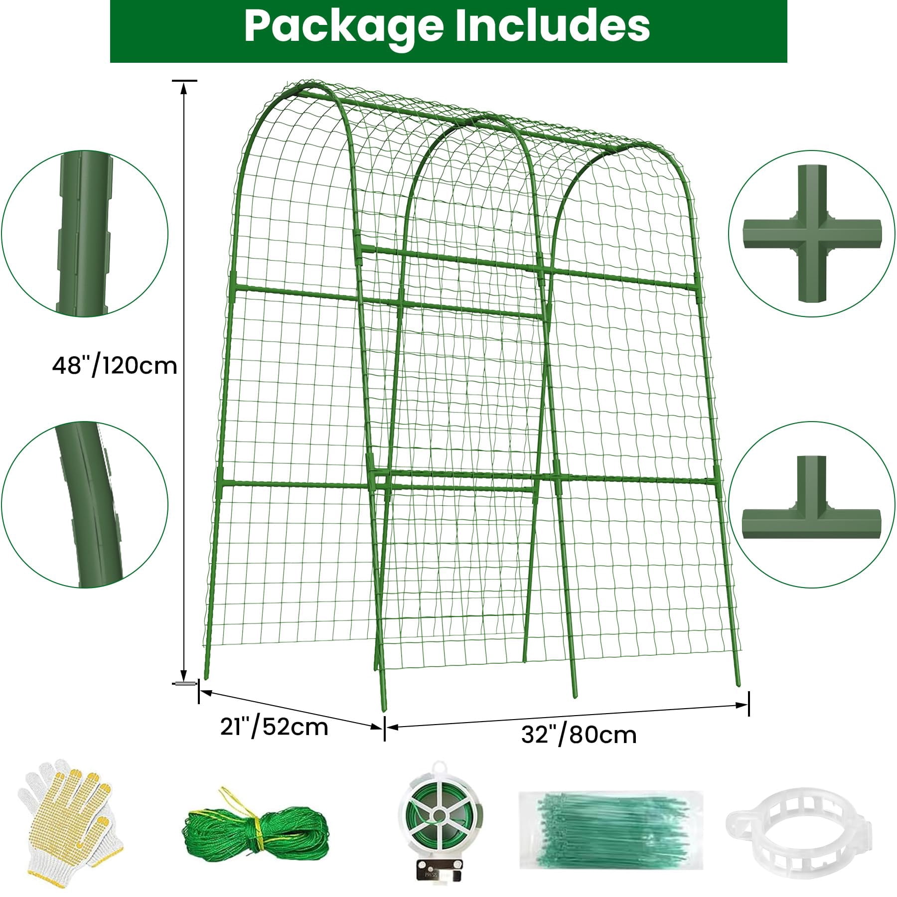 Cucumber Trellis For Raised Bed 32" L X 48" H  U-shape Garden Climbing Plants Outdoor Metal Arch Vegetables Plant Support Tomato Pea Zucchini Grape Flowers