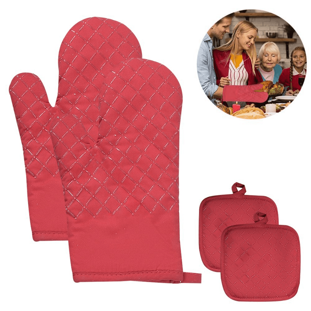 4Pcs Red Cotton Oven Mitts and Pot Holders Set Durable Hot Pads Machine