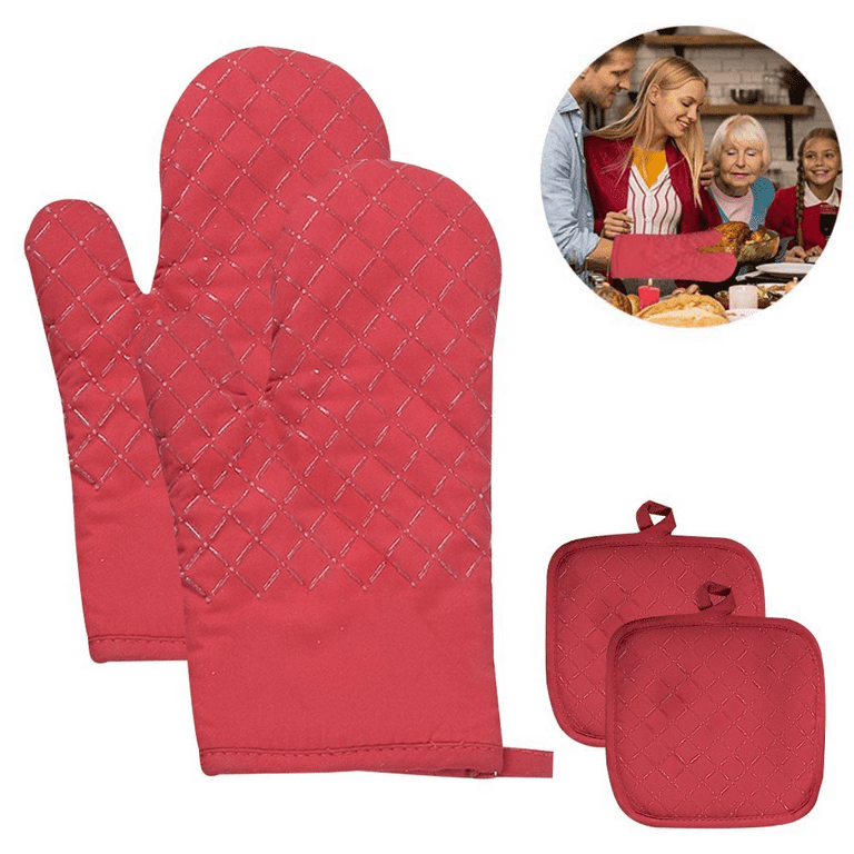4pcs Cotton Oven Mitts and Pot Holders Set Durable Hot Pads Machine Washable BBQ Gloves Heat Resistant Pocket Pot Holder with Hanging Loop for Safe