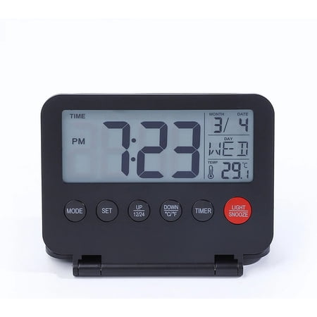 Digital Travel Alarm Clock - LCD Display, Backlit desktop alarm clock, student folding mirror electronic clock, temperature display, snooze, portable clock(black)