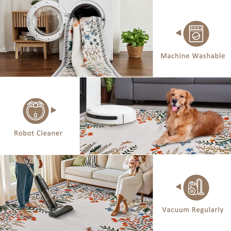Washable 8x10 Area Rugs, Large Living Room Rug, Non-Slip Soft Floral Rugs for Bedroom, Botanical Area Rug Carpet for Dining Room Guest Room (Beige,8'x10')