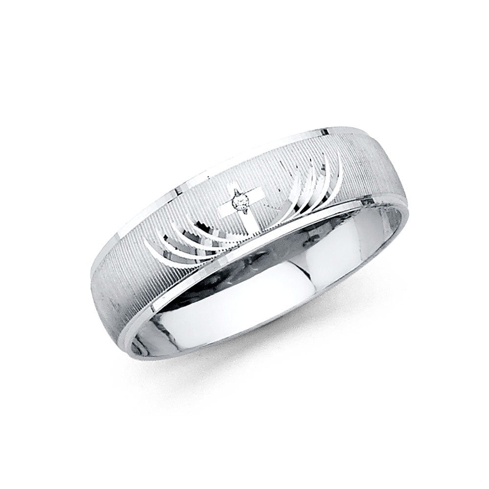 Wellingsale Mens 14K White Gold Polished Diamond Cut CZ Cubic Zirconia Wedding Ring Band
