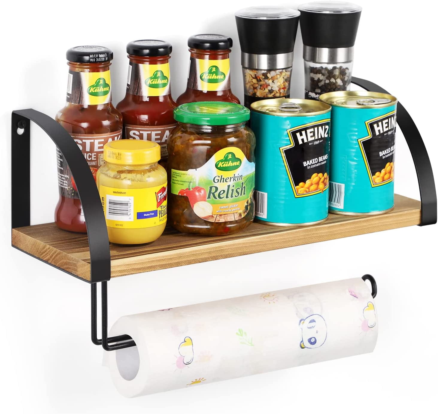 Wall Mounted Paper Towel Holder with Wood Shelf, Light Brown