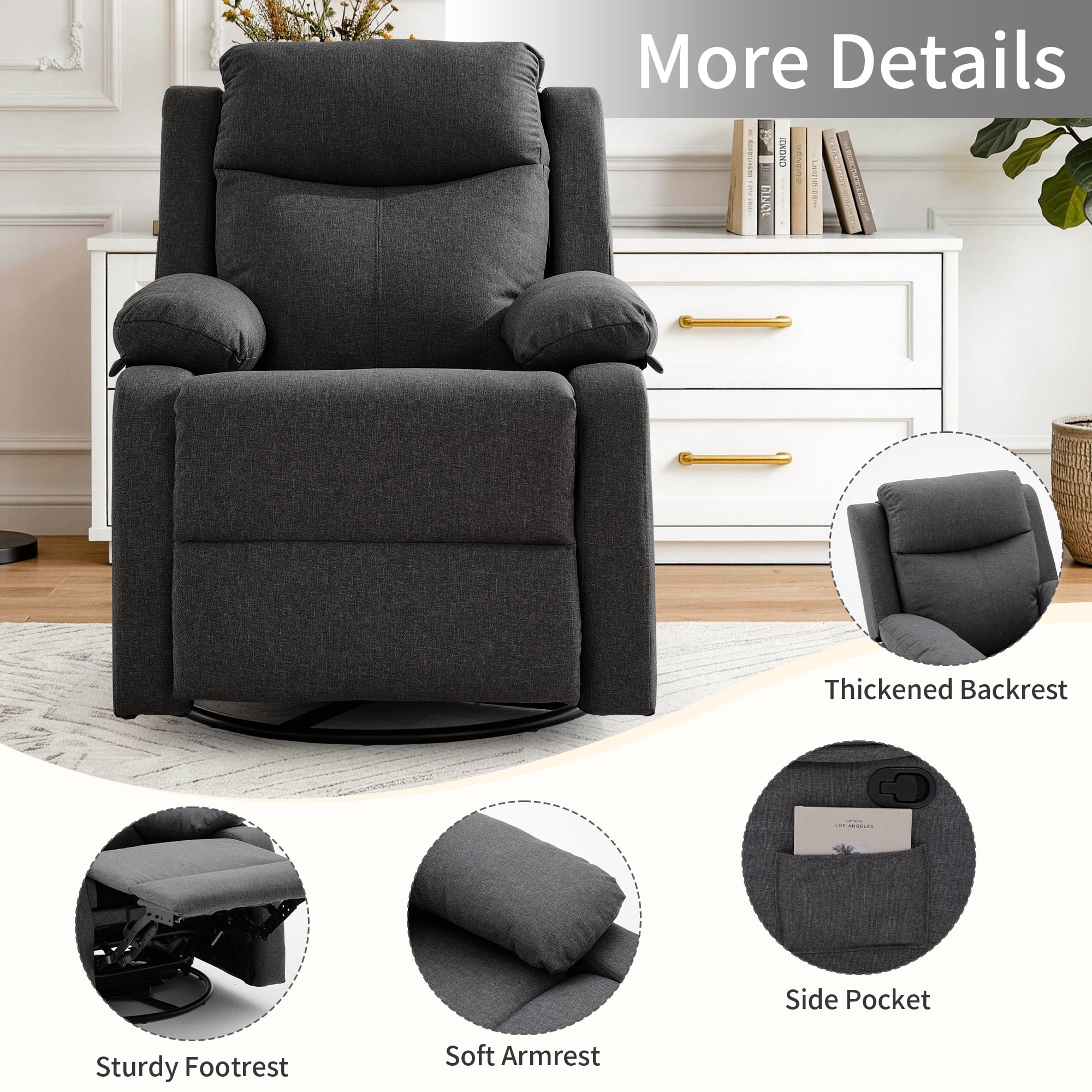 GEEYOO Manual Swivel Rocker Recliner Chair with Side Pockets,Small Recliner Chair for Small Spaces,Upholstered Linen Fabric Glider Nursery Chair for Living Room,Dark Grey