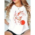 thumbnail image 1 of Women's Koi Fish and Cherry Blossom Print T-Shirt, Casual Crew Neck Short Sleeve Top, Cotton Knit Fabric, Comfortable Medium Stretch, All-Season Wear, 1 of 6