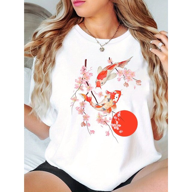 Women's Koi Fish and Cherry Blossom Print T-Shirt, Casual Crew Neck Short Sleeve Top, Cotton Knit Fabric, Comfortable Medium Stretch, All-Season Wear