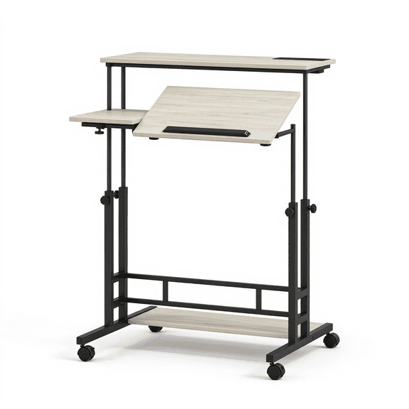Manual Height Adjustable Standing Desk, Oak Three-Panel Tiltable Desktop Desk with Built-in Charging Station, Lockable Caster Wheels for Home Office Studio Classroom