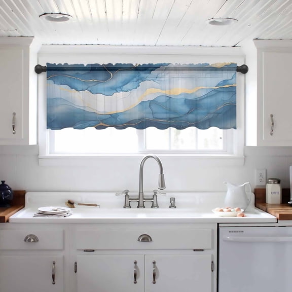 Blue Marble Valance Curtains for Kitchen/Living Room/Bathroom/Bedroom Window, Modern Abstract Ink Painting Rod Pocket Small Topper Half Short Window Curtains Voile Sheer Scarf 54"x18"