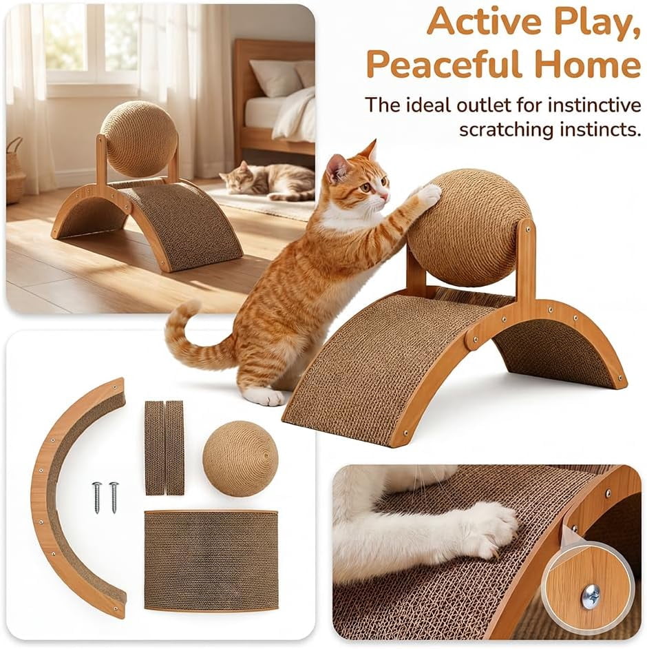 Cat Scratching Ball on Stand, 2026 Upgrade Wobble Ball Cat Scratcher with 360° Rotating Sisal Ball, Interactive Cats Arch Scratcher Toy for Indoor Cats, Wear-Resistant Protects Furniture & Rugs (M)