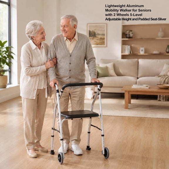 Aluminum Mobility Walker for Seniors, 2 Wheels, 5-Level Adjustable Height, Padded Seat
