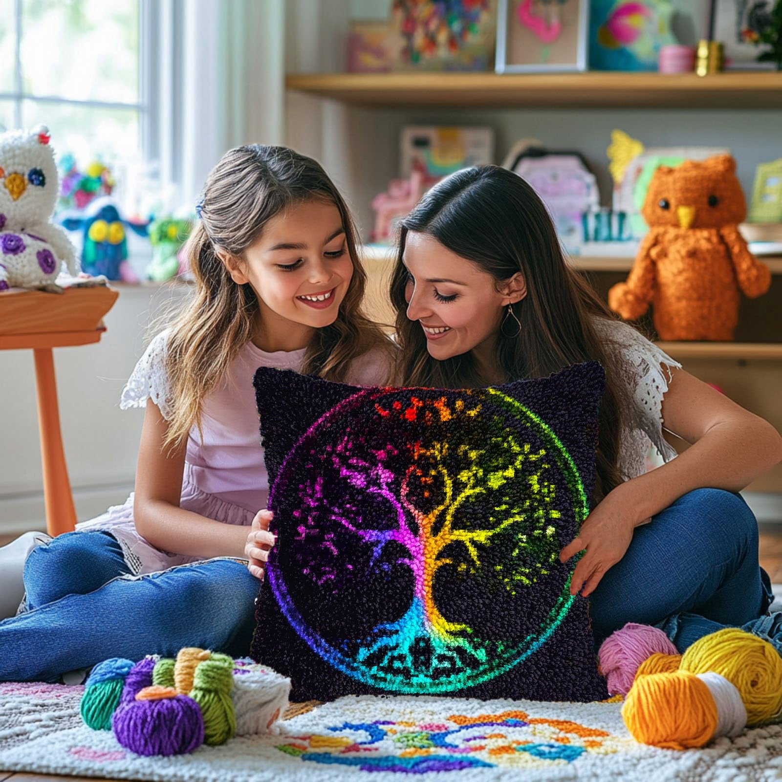 Colorful Tree Shining Sky DIY Latch Hook Pillow Kits for Adults Printed Pillowcase Crochet Yarns Hooking Handmade Pillow Cover Cushion for Home Sofa Decoration 17x17inch(4)