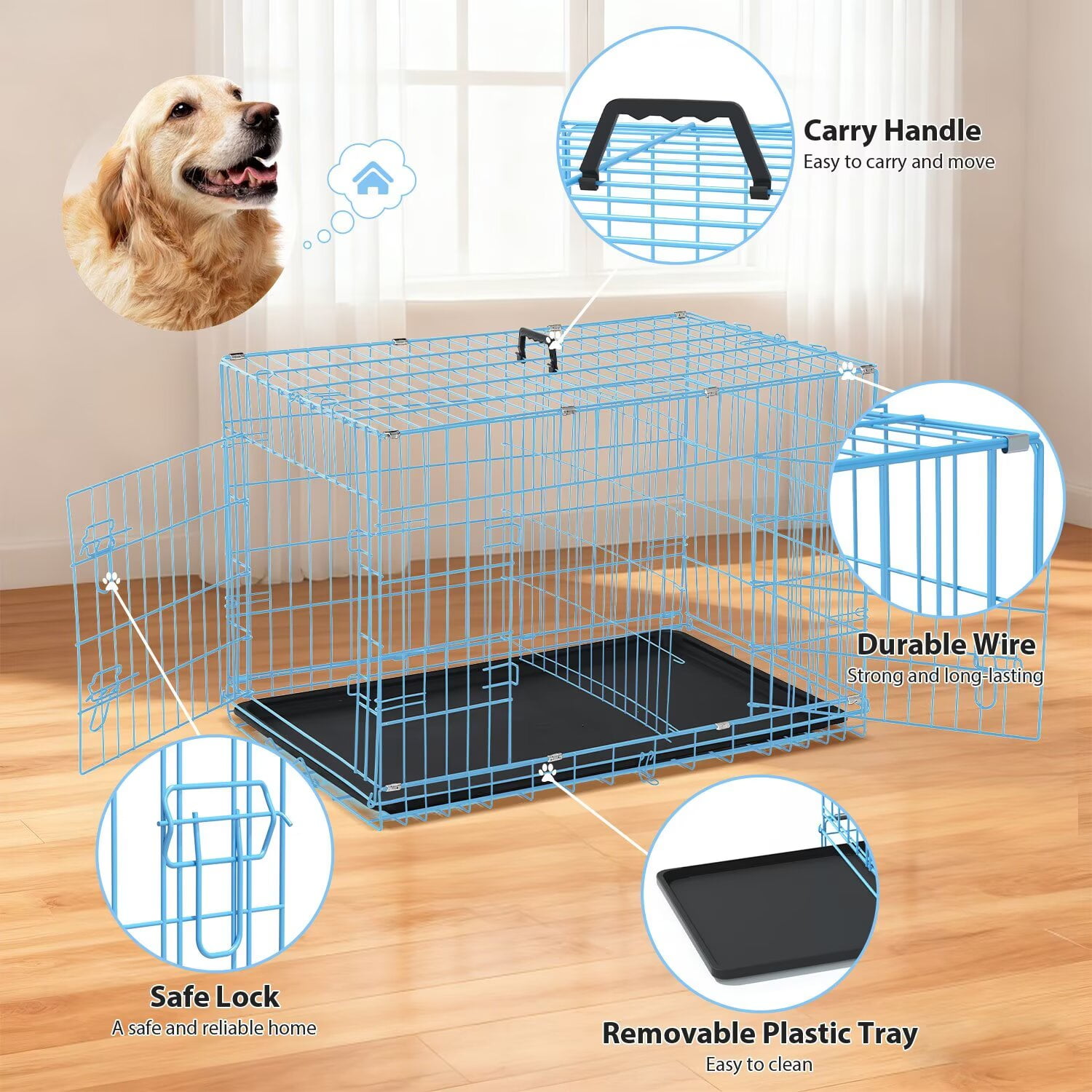 CL.HPAHKL Durable Wire Dog Crate, Folding Metal Dog Kennel Double Door Dog Cage with Plastic Tray, Pet Crate for Large Dog Indoor Outdoor Travel (Blue, 36 inch)
